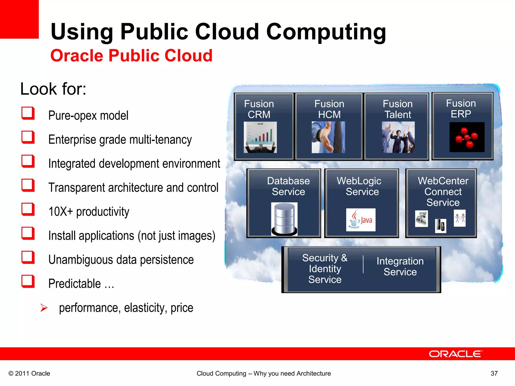 Using Public Cloud Computing
            Oracle Public Cloud
   Look for:
                                                           Fusion                Fusion              Fusion        Fusion
    Pure-opex model                                        CRM                   HCM                Talent         ERP

    Enterprise grade multi-tenancy
    Integrated development environment
                                                                  Database                WebLogic            WebCenter
    Transparent architecture and control                          Service                 Service             Connect
                                                                                                               Service
    10X+ productivity
    Install applications (not just images)
    Unambiguous data persistence                                            Security &
                                                                              Identity
                                                                                                 Integration
                                                                                                   Service
    Predictable …                                                            Service

          performance, elasticity, price




© 2011 Oracle                               Cloud Computing – Why you need Architecture                                     37
 