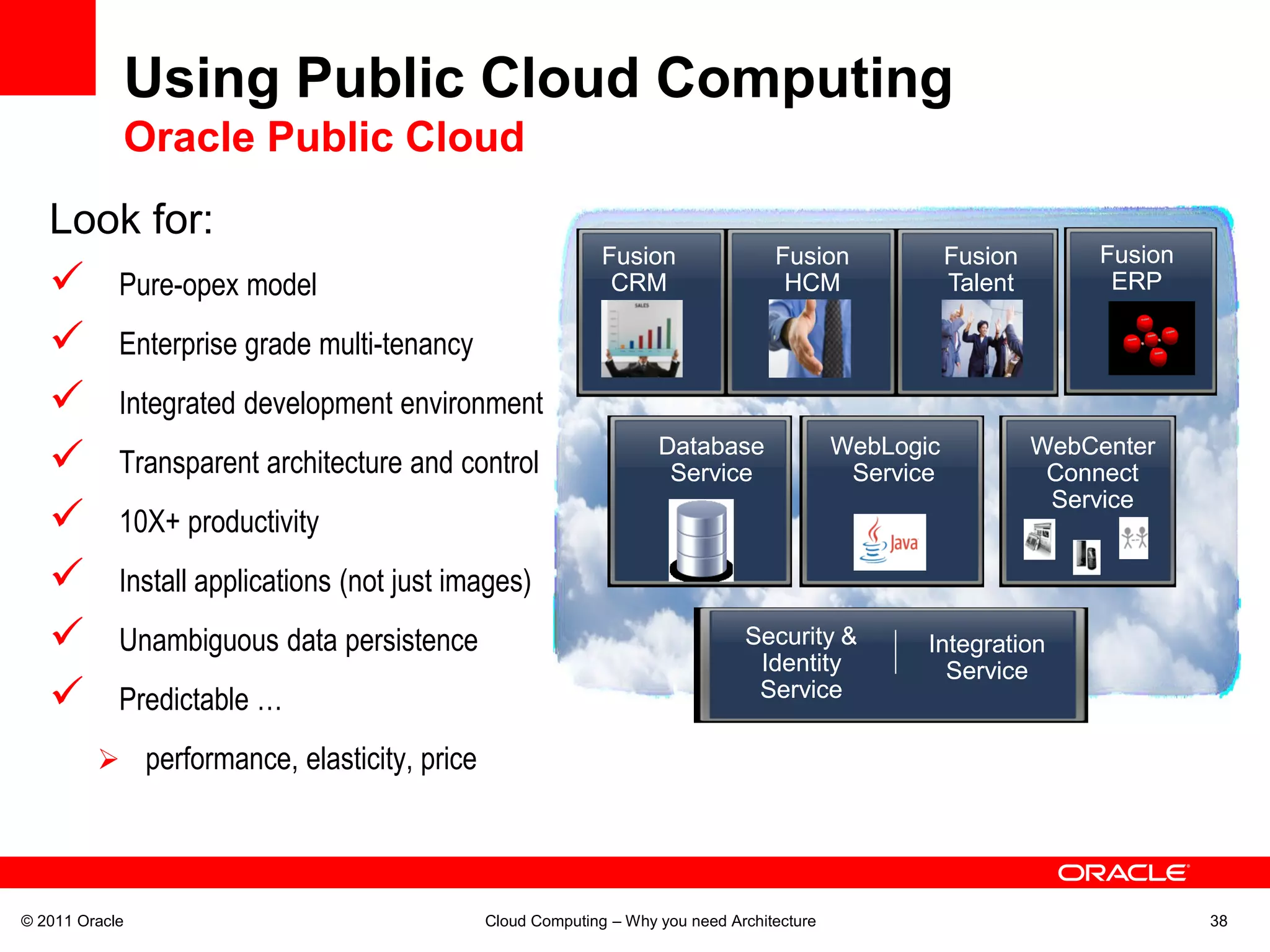 Using Public Cloud Computing
            Oracle Public Cloud
   Look for:
                                                           Fusion                Fusion              Fusion        Fusion
    Pure-opex model                                        CRM                   HCM                Talent         ERP

    Enterprise grade multi-tenancy
    Integrated development environment
                                                                  Database                WebLogic            WebCenter
    Transparent architecture and control                          Service                 Service             Connect
                                                                                                               Service
    10X+ productivity
    Install applications (not just images)
    Unambiguous data persistence                                            Security &
                                                                              Identity
                                                                                                 Integration
                                                                                                   Service
    Predictable …                                                            Service

          performance, elasticity, price




© 2011 Oracle                               Cloud Computing – Why you need Architecture                                     38
 