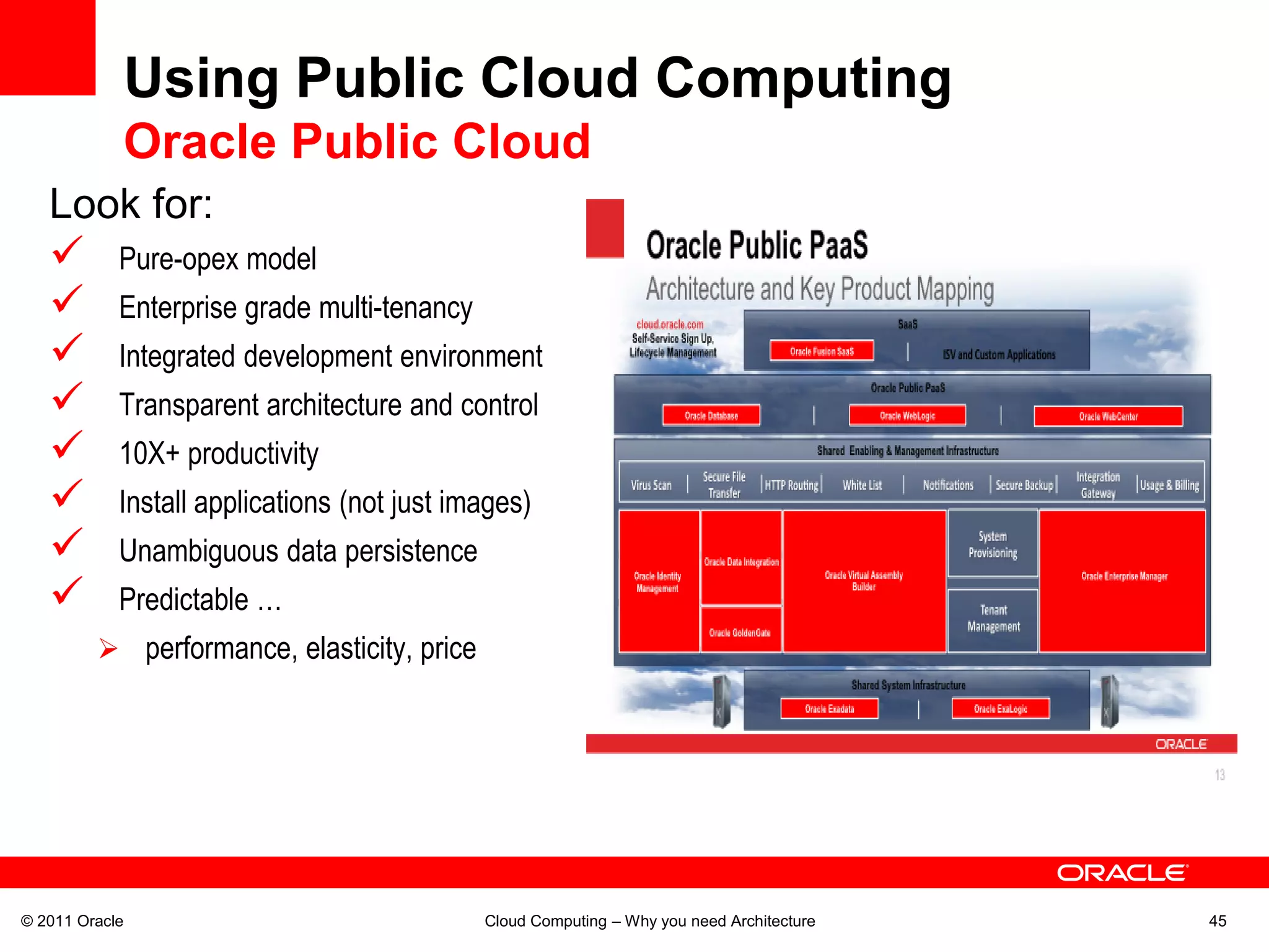 Using Public Cloud Computing
            Oracle Public Cloud
   Look for:
    Pure-opex model
           Enterprise grade multi-tenancy
           Integrated development environment
           Transparent architecture and control
           10X+ productivity
           Install applications (not just images)
           Unambiguous data persistence
           Predictable …
          performance, elasticity, price




© 2011 Oracle                                Cloud Computing – Why you need Architecture   45
 