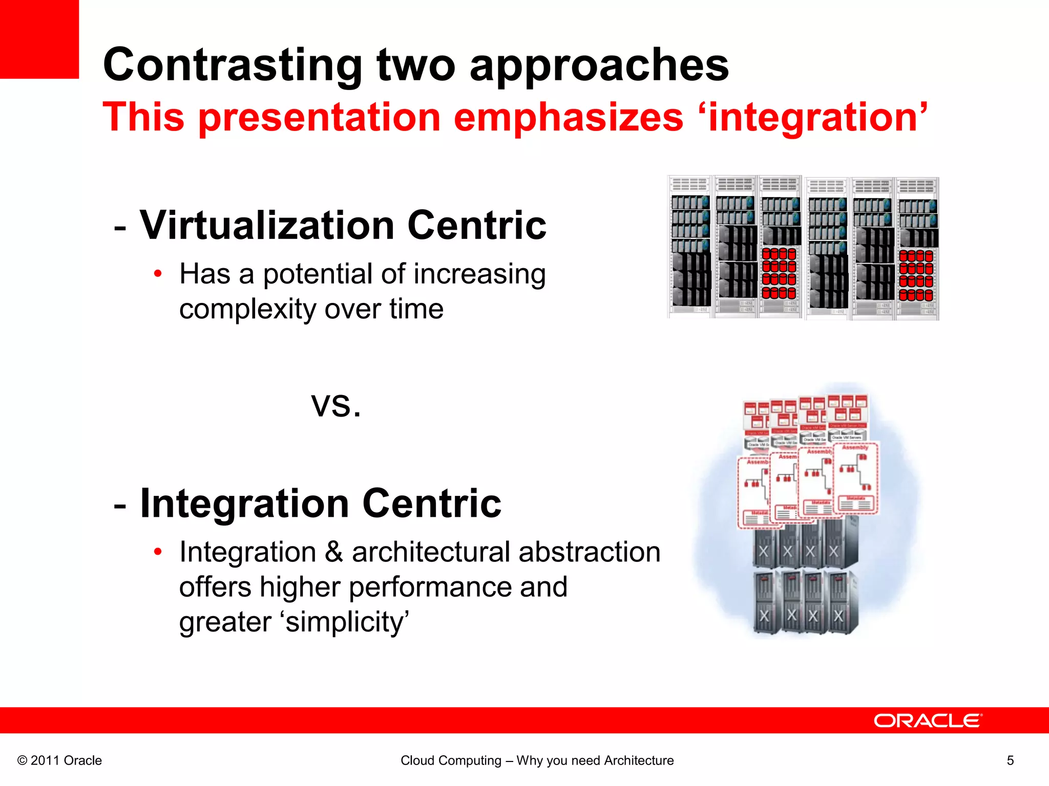 Contrasting two approaches
            This presentation emphasizes ‘integration’

                - Virtualization Centric
                  • Has a potential of increasing
                    complexity over time


                              vs.

                - Integration Centric
                  • Integration & architectural abstraction
                    offers higher performance and
                    greater ‘simplicity’



© 2011 Oracle                        Cloud Computing – Why you need Architecture   5
 