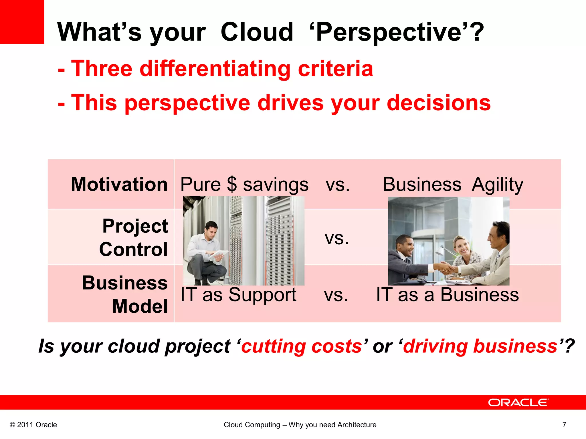 What’s your Cloud ‘Perspective’?
            - Three differentiating criteria
            - This perspective drives your decisions


                Motivation Pure $ savings vs.                                Business Agility

                  Project
                             IT Dept.                      vs.                 Business
                  Control
                 Business
                          IT as Support                    vs.           IT as a Business
                   Model

       Is your cloud project ‘cutting costs’ or ‘driving business’?


© 2011 Oracle                  Cloud Computing – Why you need Architecture                      7
 
