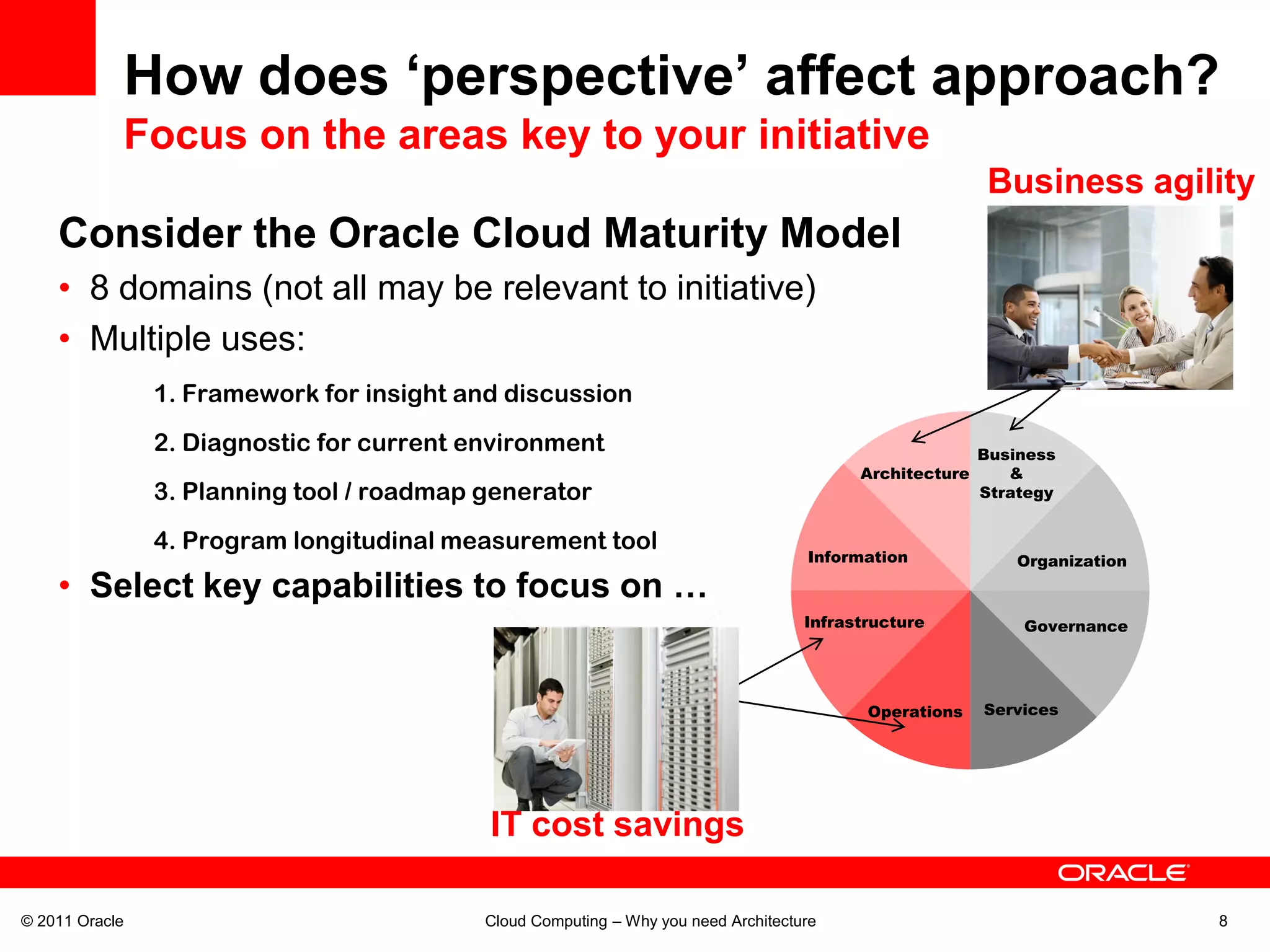 How does ‘perspective’ affect approach?
            Focus on the areas key to your initiative
                                                                                                          Business agility
    Consider the Oracle Cloud Maturity Model
    • 8 domains (not all may be relevant to initiative)
    • Multiple uses:
                1. Framework for insight and discussion
                2. Diagnostic for current environment                                                    Business
                                                                                          Architecture      &
                3. Planning tool / roadmap generator                                                     Strategy


                4. Program longitudinal measurement tool
                                                                                    Information              Organization
    • Select key capabilities to focus on …
                                                                                    Infrastructure           Governance




                                                                                           Operations    Services




                                           IT cost savings

© 2011 Oracle                              Cloud Computing – Why you need Architecture                                      8
 