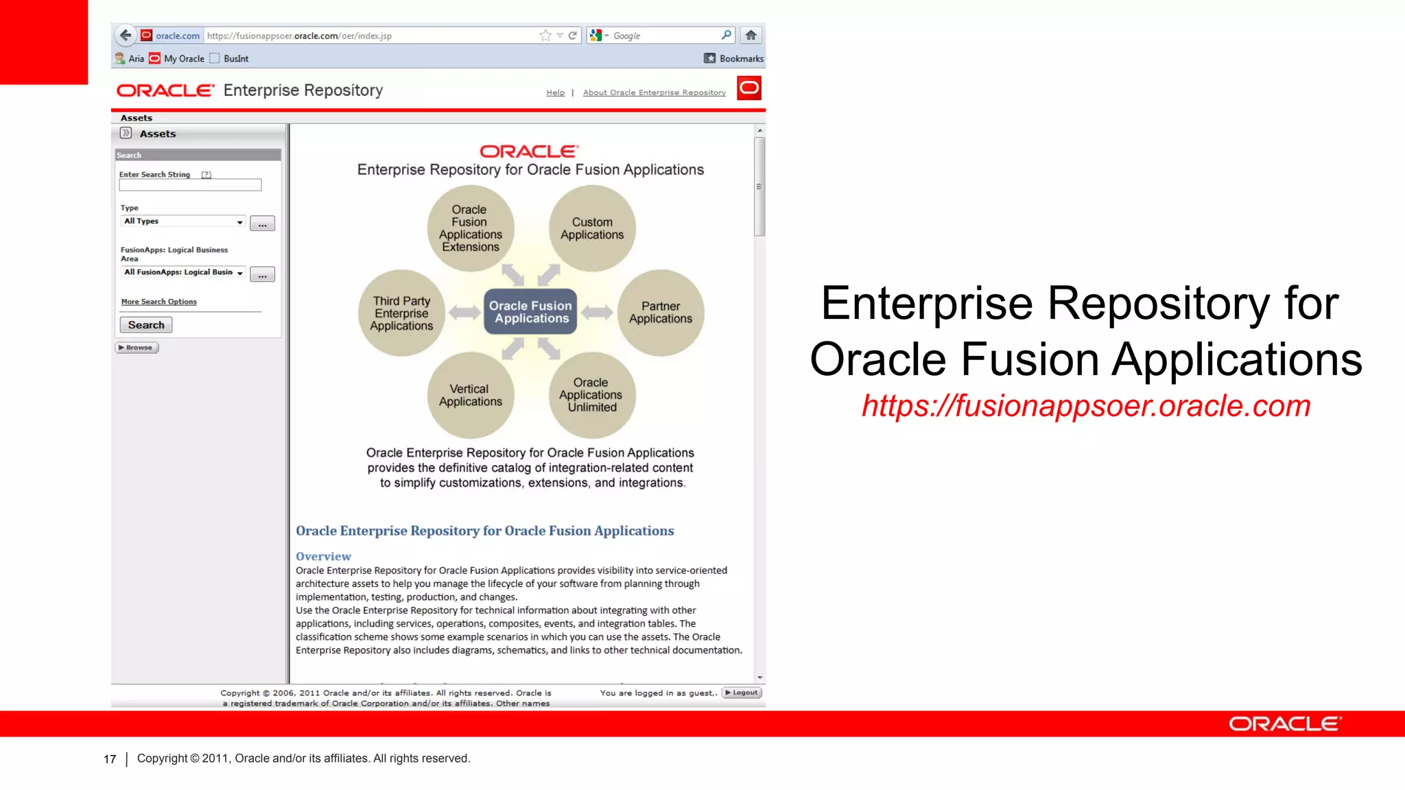 Enterprise Repository for
                                                                            Oracle Fusion Applications
                                                                              https://fusionappsoer.oracle.com




17   Copyright © 2011, Oracle and/or its affiliates. All rights reserved.
 