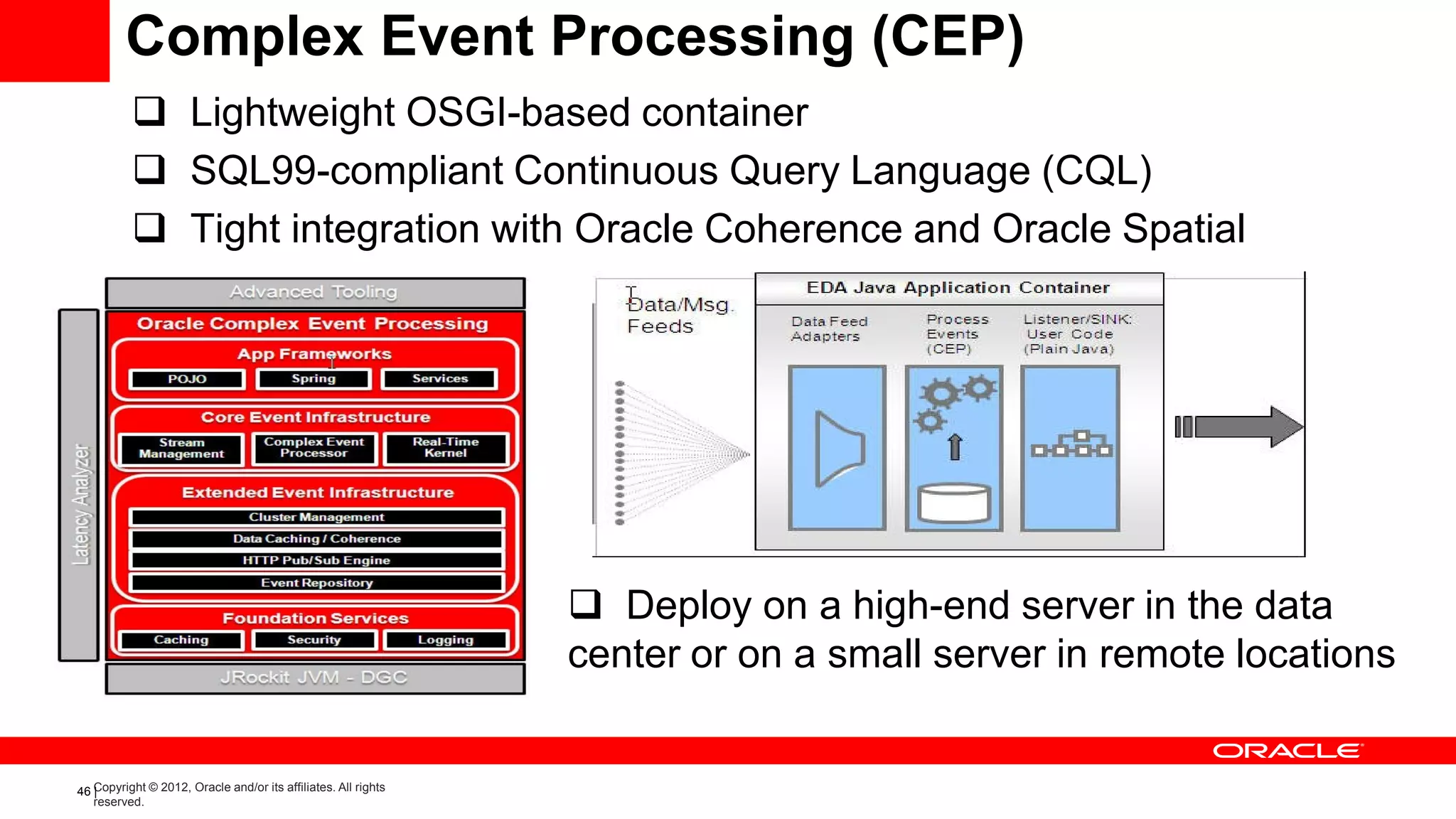 Complex Event Processing (CEP)
           Lightweight OSGI-based container
           SQL99-compliant Continuous Query Language (CQL)
           Tight integration with Oracle Coherence and Oracle Spatial




                                                                 Deploy on a high-end server in the data
                                                                center or on a small server in remote locations


46 Copyright © 2012, Oracle and/or its affiliates. All rights
   |
   reserved.
 