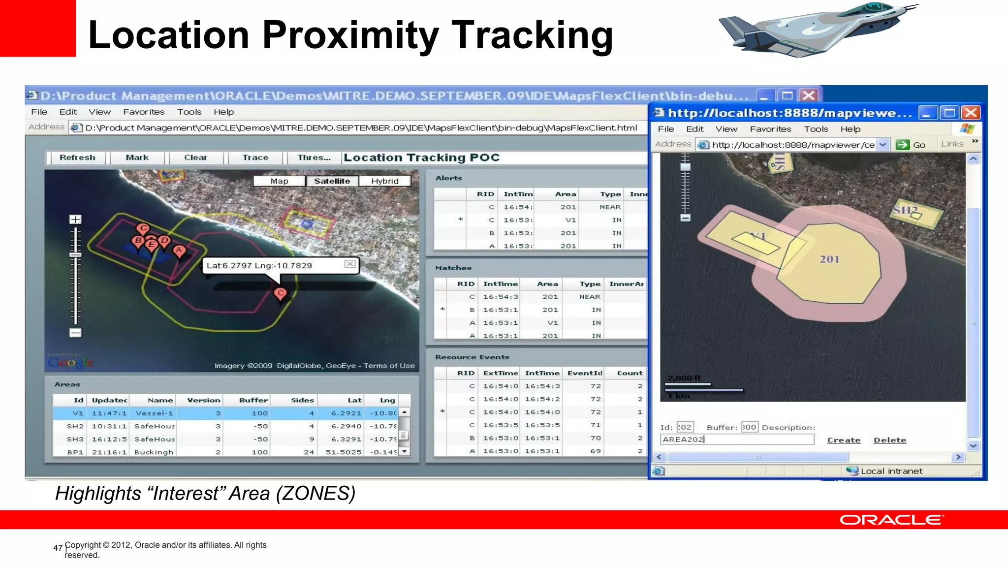 Location Proximity Tracking




Highlights “Interest” Area (ZONES)

47 Copyright © 2012, Oracle and/or its affiliates. All rights
   |
   reserved.
 