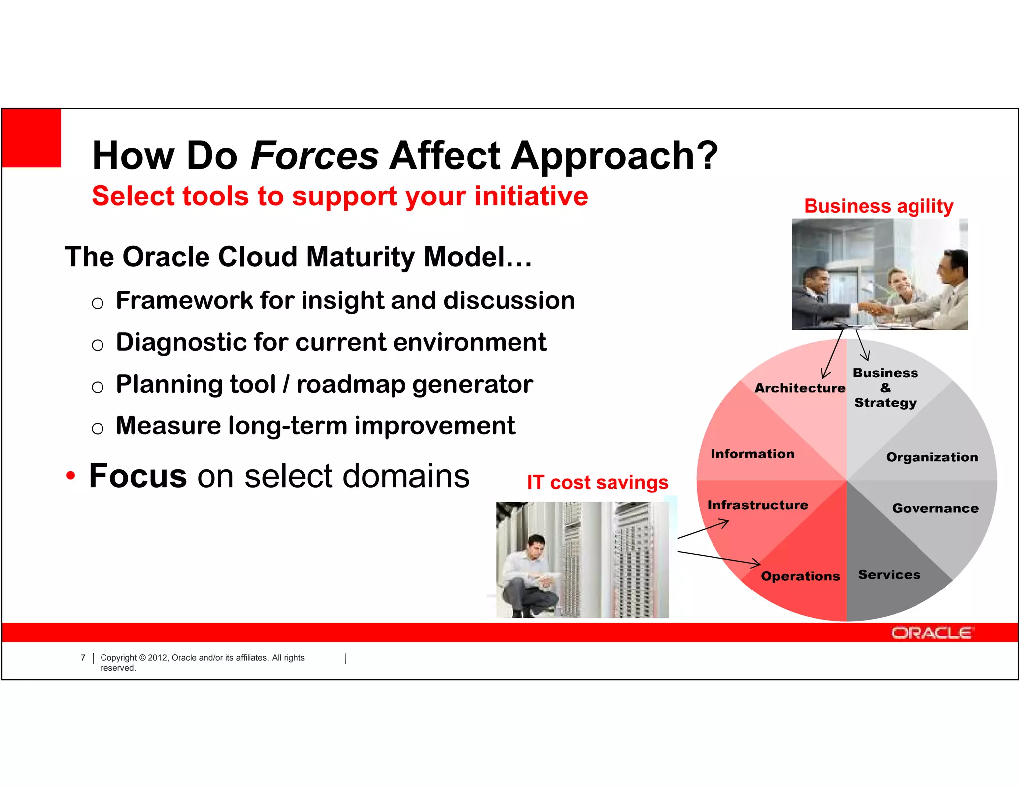 How Do Forces Affect Approach?
     Select tools to support your initiative                                        Business agility

The Oracle Cloud Maturity Model…
     o Framework for insight and discussion
     o Diagnostic for current environment
     o Planning tool / roadmap generator
     o Measure long-term improvement

• Focus on select domains                                         IT cost savings




 7   Copyright © 2012, Oracle and/or its affiliates. All rights
     reserved.
 