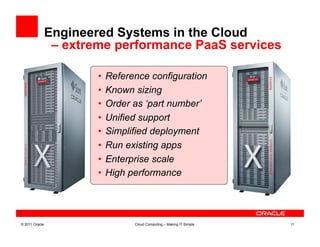 Engineered Systems in the Cloud
                 – extreme performance PaaS services

                        •  Reference configuration
                        •  Known sizing
                        •  Order as ‘part number’
                        •  Unified support
                        •  Simplified deployment
                        •  Run existing apps
                        •  Enterprise scale
                        •  High performance




© 2011 Oracle                   Cloud Computing – Making IT Simple   11
 