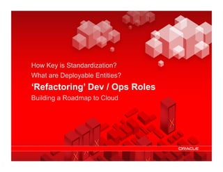 How Key is Standardization?
                What are Deployable Entities?
                ‘Refactoring’ Dev / Ops Roles
                Building a Roadmap to Cloud




© 2011 Oracle                       Cloud Computing – Making IT Simple   20
 