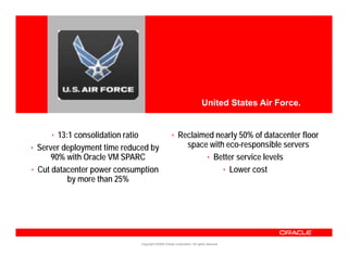 <Insert Picture Here>




                                                                            United States Air Force.


      • 13:1 consolidation ratio                       • Reclaimed nearly 50% of datacenter floor
• Server deployment time reduced by
            p y                   y                        space with eco-responsible servers
      90% with Oracle VM SPARC                                  • Better service levels
• Cut datacenter power consumption                                   • Lower cost
           by more than 25%




                                 Copyright ©2009 Oracle Corporation. All rights reserved.
 