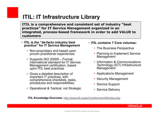 ITIL: IT Infrastructure Library
ITIL is a comprehensive and consistent set of industry “best
practices” for IT Service Management organized in an
integrated, process-based framework in order to add VALUE to
customers

• ITIL is the “de-facto industry best                                • ITIL contains 7 Core volumes:
  practice” for IT Service Management
                                                                              • The Business Perspective
   • Non-proprietary and based upon
     proven practitioner experiences                                          • Planning to Implement Service
                                                                                Management
   • Supports ISO 20000 – Formal,
     international standard for IT Service                                    • Information & Communications
     Management certification, based                                            Technology (ICT) Infrastructure
     upon ITIL best practices                                                   Management
   • Gives a detailed description of                                          • Applications Management
     important IT practices, with
     comprehensive checklists, tasks,                                         • Security Management
     p ocedu es and espo s b t es
     procedures a d responsibilities.                                         • Service Support
   • Operational & Tactical, not Strategic                                    • Service Delivery

    ITIL Knowledge Overview: http://www.itil.org/en/vomkennen/itil/index.php
                g                              g



                                Copyright ©2009 Oracle Corporation. All rights reserved.
 
