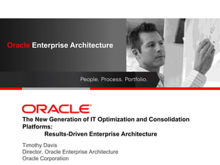 Oracle Enterprise
Oracle Enterprise Architecture
              Architecture
        <Insert Picture Here>




    The New Generation of IT Optimization and Consolidation
    Platforms:
           Results-Driven Enterprise Architecture
    Timothy Davis
    Director, Oracle Enterprise Architecture
    Oracle Corporation
 