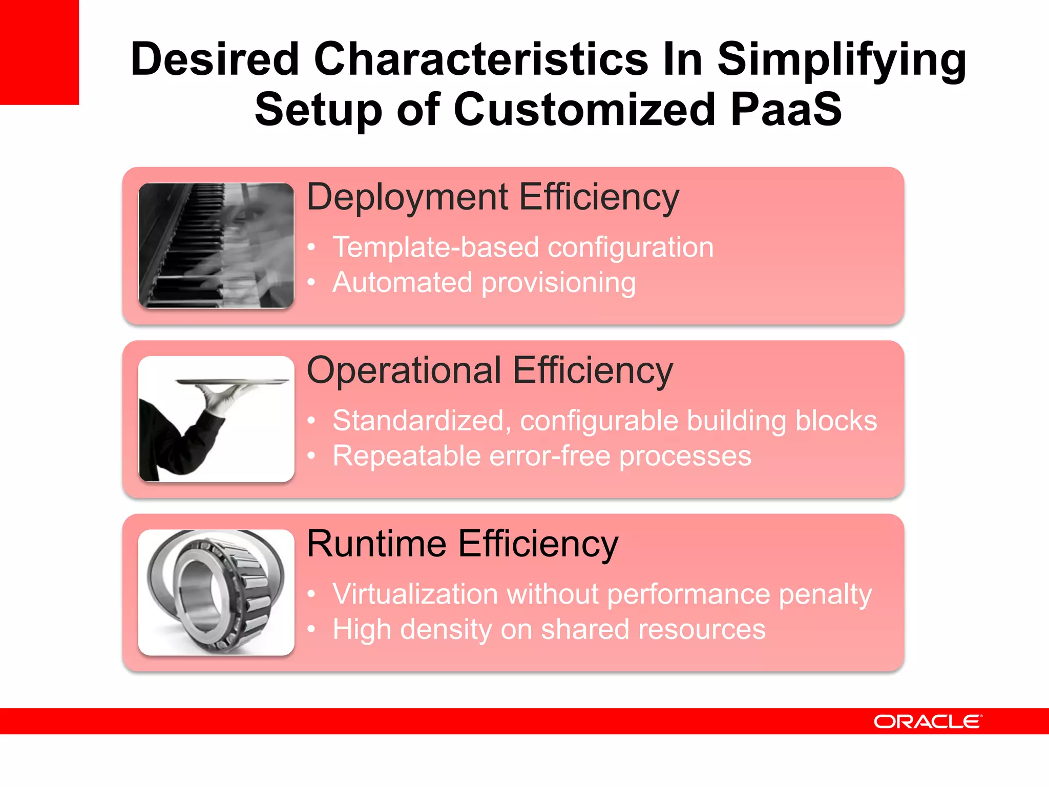 Desired Characteristics In Simplifying
     Setup of Customized PaaS
        Deployment Efficiency
        • Template-based configuration
        • Automated provisioning


        Operational Efficiency
        • Standardized, configurable building blocks
        • Repeatable error-free processes


        Runtime Efficiency
        • Virtualization without performance penalty
        • High density on shared resources
 