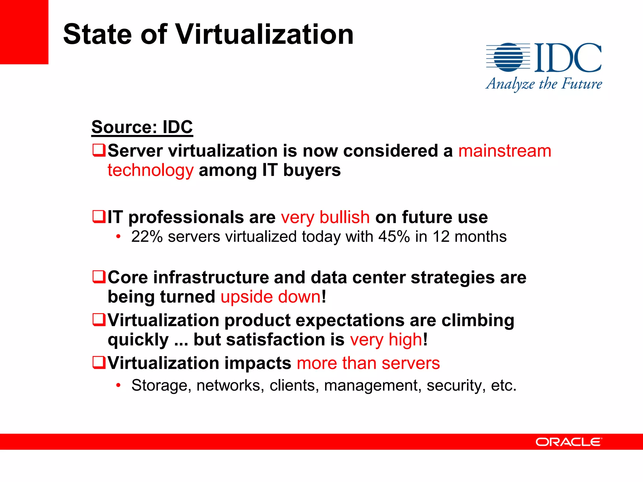 State of Virtualization


  Source: IDC
  Server virtualization is now considered a mainstream
   technology among IT buyers

  IT professionals are very bullish on future use
    • 22% servers virtualized today with 45% in 12 months

  Core infrastructure and data center strategies are
   being turned upside down!
  Virtualization product expectations are climbing
   quickly ... but satisfaction is very high!
  Virtualization impacts more than servers
    • Storage, networks, clients, management, security, etc.
 