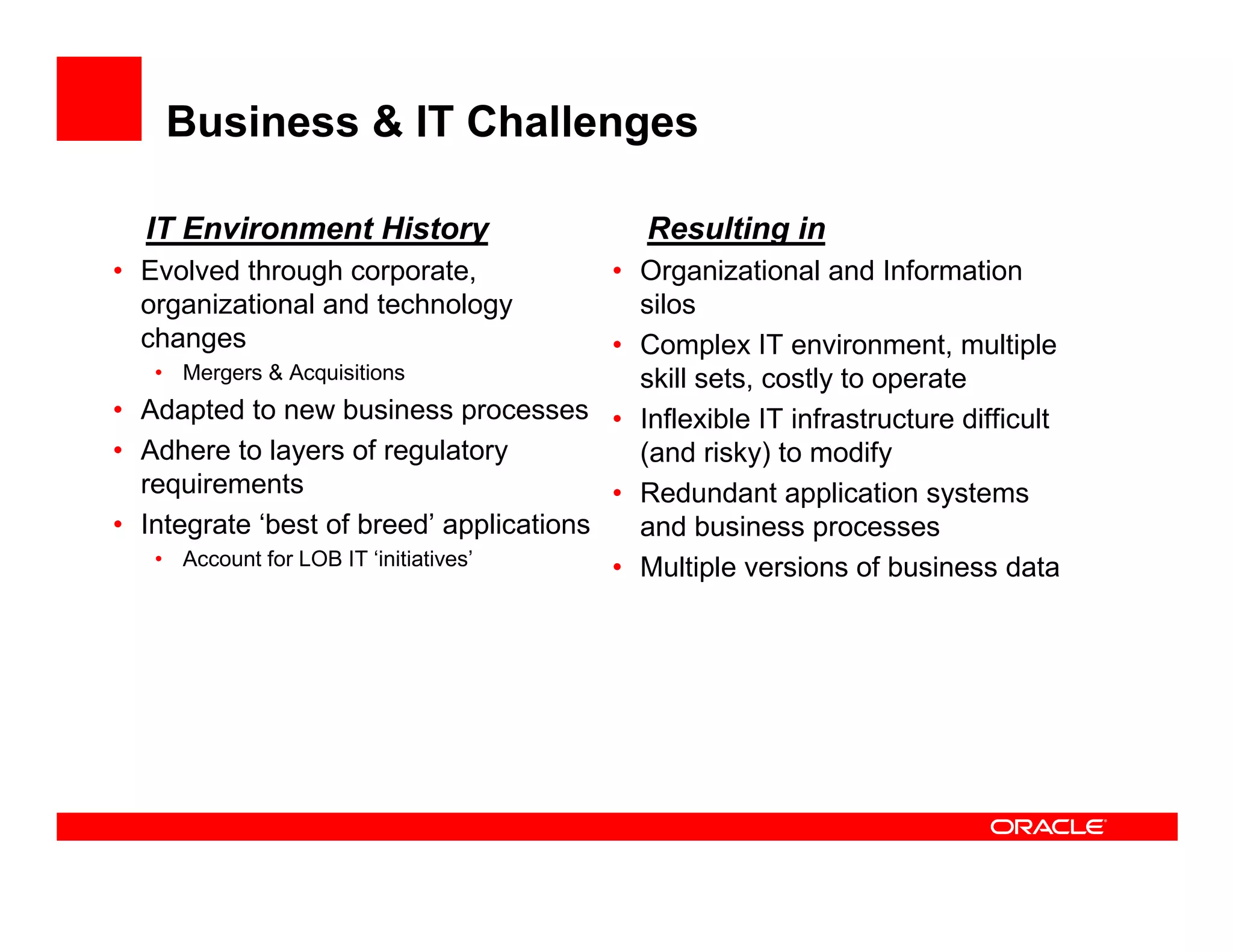 Business & IT Challenges

  IT Environment History                   Resulting in
• Evolved through corporate,             • Organizational and Information
  organizational and technology            silos
  changes                                • Complex IT environment, multiple
   • Mergers & Acquisitions                skill sets, costly to operate
• Adapted to new business processes • Inflexible IT infrastructure difficult
• Adhere to layers of regulatory           (and risky) to modify
  requirements                           • Redundant application systems
• Integrate ‘best of breed’ applications   and business processes
   • Account for LOB IT ‘initiatives’    • Multiple versions of business data
 