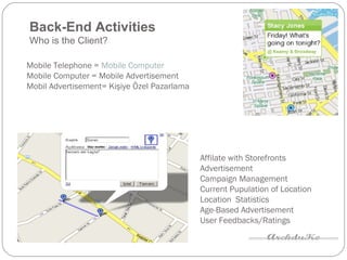 Back-End Activities Who is the Client? Mobile Telephone =  Mobile Computer Mobile Computer = Mobile Advertisement Mobil Advertisement= Kişiye Özel Pazarlama Affilate with Storefronts Advertisement Campaign Management Current Pupulation of Location Location  Statistics Age-Based Advertisement User Feedbacks/Ratings 