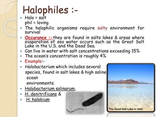 Halophiles :-
 Halo = salt
phil = loving
 The halophilic organisms require salty environment for
survival
 Occurance :-they are found in salts lakes & areas where
evaporation of sea water occurs such as the Great Salt
Lake in the U.S. and the Dead Sea.
 Can live in water with salt concentrations exceeding 15%
 The ocean’s concentration is roughly 4%
 Example:-
 Halobacterium which includes several
species, found in salt lakes & high saline
ocean
environments.
 Halobacterium salinarum,
 H. denitrificans &
 H. halobium
The Great Salt Lake in Utah
 