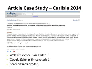 Article Case Study – Carlisle 2014
• Web of Science times cited: 1
• Google Scholar times cited: 1
• Scopus times cited: 1
 