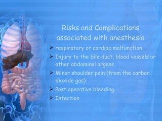Risks and Complications associated with anesthesia respiratory or cardiac malfunction Injury to the bile duct, blood vessels or other abdominal organs Minor shoulder pain (from the carbon dioxide gas) Post operative bleeding Infection 