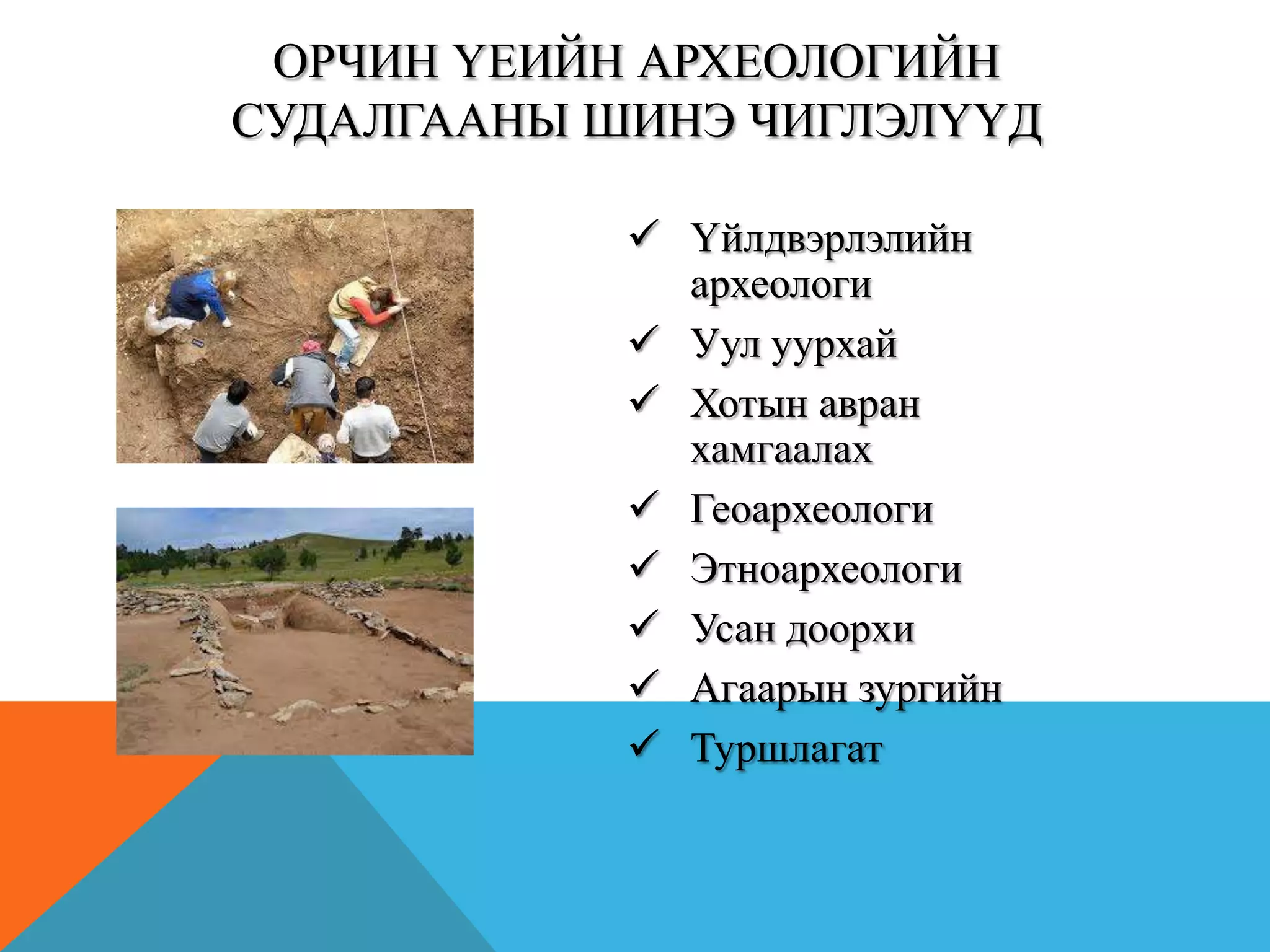  Үйлдвэрлэлийн
археологи
 Уул уурхай
 Хотын авран
хамгаалах
 Геоархеологи
 Этноархеологи
 Усан доорхи
 Агаарын зургийн
 Туршлагат
ОРЧИН ҮЕИЙН АРХЕОЛОГИЙН
СУДАЛГААНЫ ШИНЭ ЧИГЛЭЛҮҮД
 