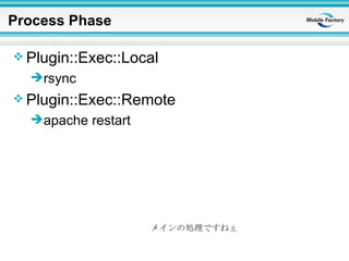 Process Phase <ul><li>Plugin::Exec::Local </li></ul><ul><ul><li>rsync </li></ul></ul><ul><li>Plugin::Exec::Remote </li></u...