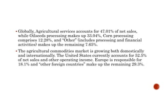  Globally, Agricultural services accounts for 47.01% of net sales,
while Oilseeds processing makes up 33.04%, Corn processing
comprises 12.28%, and “Other” (includes processing and financial
activities) makes up the remaining 7.65%.
 The agricultural commodities market is growing both domestically
and internationally. The United States currently accounts for 52.5%
of net sales and other operating income. Europe is responsible for
18.1% and “other foreign countries” make up the remaining 29.3%.
 