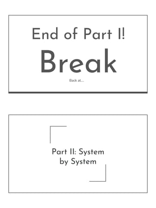 End of Part I!
Break
Back at….
Part II: System
by System
 