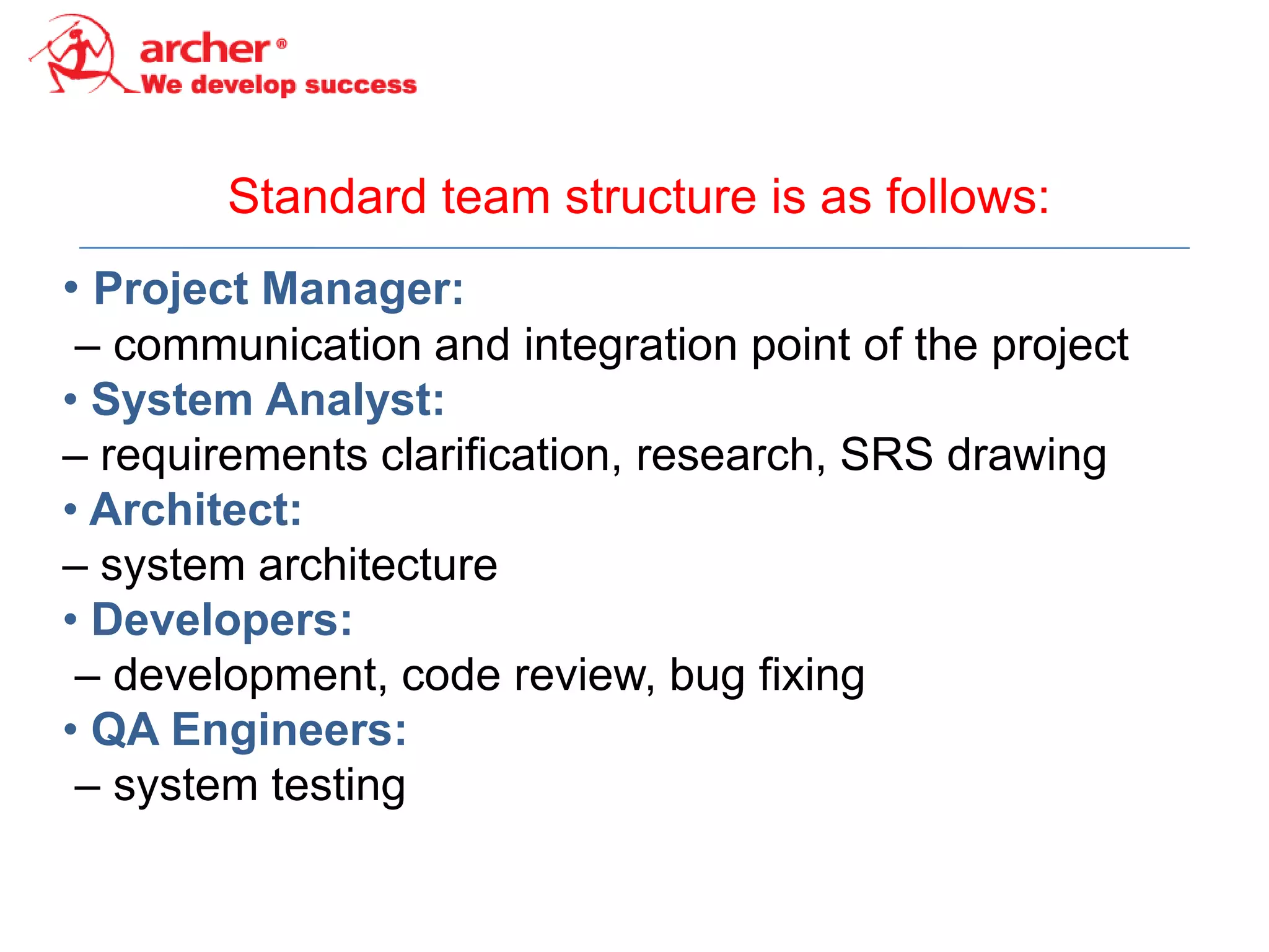 Standard team structure is as follows:
• Project Manager:
 – communication and integration point of the project
• System Analyst:
– requirements clarification, research, SRS drawing
• Architect:
– system architecture
• Developers:
 – development, code review, bug fixing
• QA Engineers:
 – system testing
 