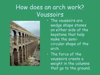 How does an arch work?
Voussoirs
• The voussoirs are
wedge shape stones
on either side of the
keystone that help
make the semi-
circular shape of the
arch.
• The force of the
voussoirs create a
weight in the columns
that go to the ground.
 