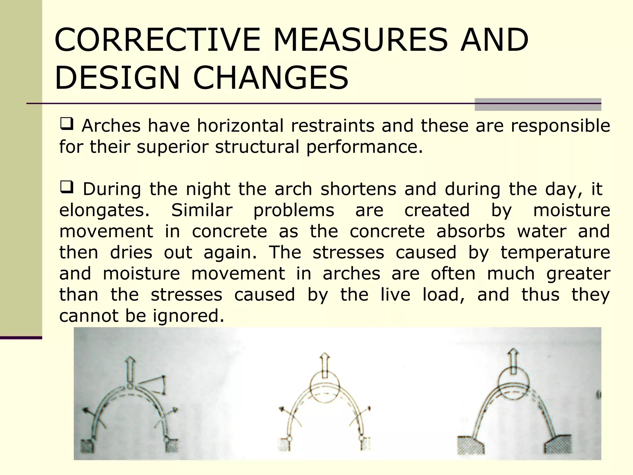 CORRECTIVE MEASURES AND
DESIGN CHANGES
 Arches have horizontal restraints and these are responsible
for their superior structural performance.
 During the night the arch shortens and during the day, it
elongates. Similar problems are created by moisture
movement in concrete as the concrete absorbs water and
then dries out again. The stresses caused by temperature
and moisture movement in arches are often much greater
than the stresses caused by the live load, and thus they
cannot be ignored.
 