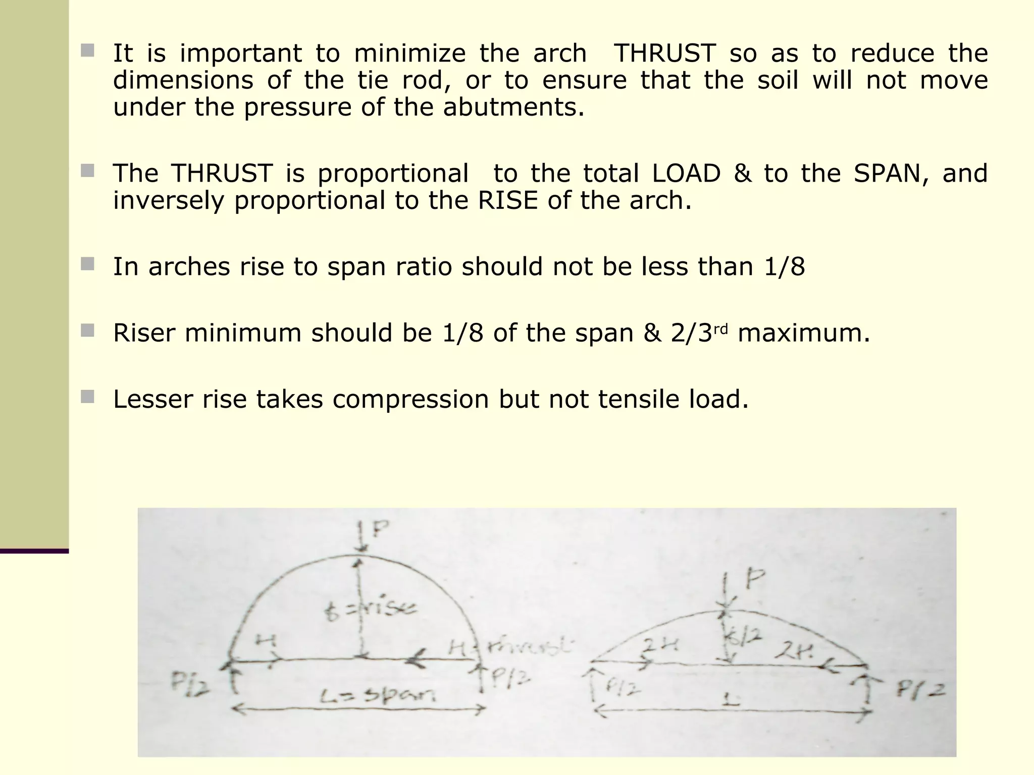  It is important to minimize the arch THRUST so as to reduce the
dimensions of the tie rod, or to ensure that the soil will not move
under the pressure of the abutments.
 The THRUST is proportional to the total LOAD & to the SPAN, and
inversely proportional to the RISE of the arch.
 In arches rise to span ratio should not be less than 1/8
 Riser minimum should be 1/8 of the span & 2/3rd
maximum.
 Lesser rise takes compression but not tensile load.
 