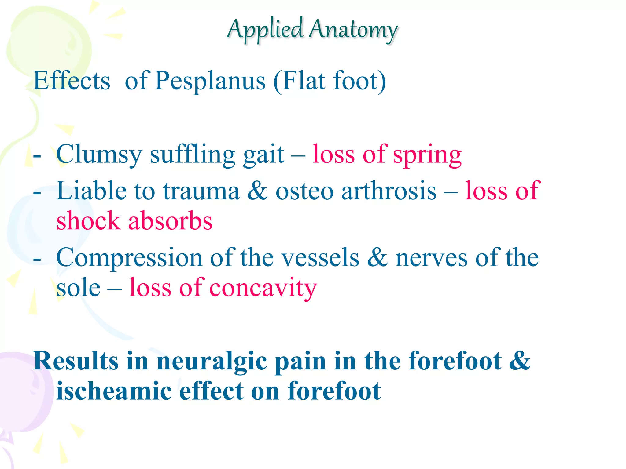 Applied Anatomy
Effects of Pesplanus (Flat foot)
- Clumsy suffling gait – loss of spring
- Liable to trauma & osteo arthrosis – loss of
shock absorbs
- Compression of the vessels & nerves of the
sole – loss of concavity
Results in neuralgic pain in the forefoot &
ischeamic effect on forefoot
 