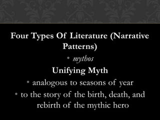 Four Types Of Literature (Narrative
Patterns)
• mythos
Unifying Myth
• analogous to seasons of year
• to the story of the birth, death, and
rebirth of the mythic hero
 