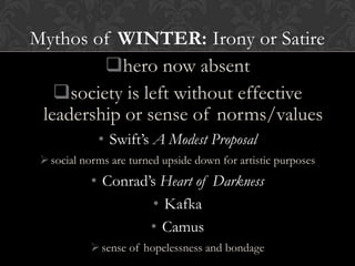 Mythos of WINTER: Irony or Satire
hero now absent
society is left without effective
leadership or sense of norms/values
• Swift’s A Modest Proposal
social norms are turned upside down for artistic purposes
• Conrad’s Heart of Darkness
• Kafka
• Camus
sense of hopelessness and bondage
 