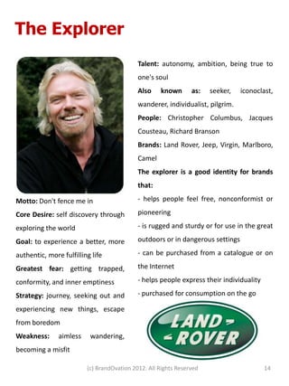 The Explorer
                                            Talent: autonomy, ambition, being true to
                                            one's soul
                                            Also    known       as:   seeker,   iconoclast,
                                            wanderer, individualist, pilgrim.
                                            People: Christopher Columbus, Jacques
                                            Cousteau, Richard Branson
                                            Brands: Land Rover, Jeep, Virgin, Marlboro,
                                            Camel
                                            The explorer is a good identity for brands
                                            that:

Motto: Don't fence me in                    - helps people feel free, nonconformist or

Core Desire: self discovery through         pioneering

exploring the world                         - is rugged and sturdy or for use in the great

Goal: to experience a better, more          outdoors or in dangerous settings

authentic, more fulfilling life             - can be purchased from a catalogue or on

Greatest fear: getting trapped,             the Internet

conformity, and inner emptiness             - helps people express their individuality

Strategy: journey, seeking out and          - purchased for consumption on the go

experiencing new things, escape
from boredom
Weakness:      aimless    wandering,
becoming a misfit

                         (c) BrandOvation 2012. All Rights Reserved                      14
 
