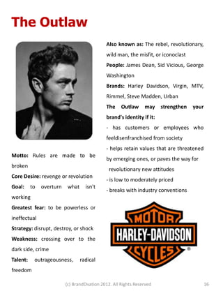 The Outlaw
                                              Also known as: The rebel, revolutionary,
                                              wild man, the misfit, or iconoclast
                                              People: James Dean, Sid Vicious, George
                                              Washington
                                              Brands: Harley Davidson, Virgin, MTV,
                                              Rimmel, Steve Madden, Urban
                                              The    Outlaw     may     strengthen   your
                                              brand's identity if it:
                                              - has customers or employees who
                                              feeldisenfranchised from society
                                              - helps retain values that are threatened
Motto: Rules are made to be
                                              by emerging ones, or paves the way for
broken
                                               revolutionary new attitudes
Core Desire: revenge or revolution
                                              - is low to moderately priced
Goal:     to   overturn    what     isn't
                                              - breaks with industry conventions
working
Greatest fear: to be powerless or
ineffectual
Strategy: disrupt, destroy, or shock
Weakness: crossing over to the
dark side, crime
Talent:    outrageousness,        radical
freedom

                          (c) BrandOvation 2012. All Rights Reserved                        16
 