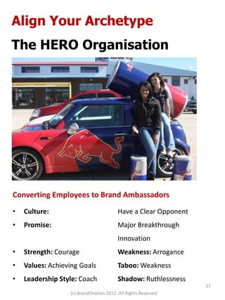 Align Your Archetype
The HERO Organisation




Converting Employees to Brand Ambassadors
•   Culture:                            Have a Clear Opponent
•   Promise:                            Major Breakthrough
                                        Innovation
•   Strength: Courage                   Weakness: Arrogance
•   Values: Achieving Goals             Taboo: Weakness
•   Leadership Style: Coach             Shadow: Ruthlessness
                                                                27
                  (c) BrandOvation 2012. All Rights Reserved
 