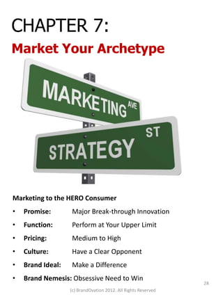 CHAPTER 7:
Market Your Archetype




Marketing to the HERO Consumer
•   Promise:       Major Break-through Innovation
•   Function:      Perform at Your Upper Limit
•   Pricing:       Medium to High
•   Culture:       Have a Clear Opponent
•   Brand Ideal:   Make a Difference
•   Brand Nemesis: Obsessive Need to Win
                                                                28
                   (c) BrandOvation 2012. All Rights Reserved
 