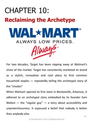 CHAPTER 10:
Reclaiming the Archetype




For two decades, Target has been nipping away at Walmart’s
share of the market. Target has consistently marketed its brand
as a stylish, innovative and cool place to find common
household staples — repeatedly telling the archetypal story of
the “creator.”
When Walmart opened its first store in Bentonville, Arkansas, it
adhered to an archetypal story embodied by its founder Sam
Walton — the “regular guy” — a story about accessibility and
unpretentiousness. It espoused a belief that nobody is better
than anybody else.
                                                              34
                 (c) BrandOvation 2012. All Rights Reserved
 