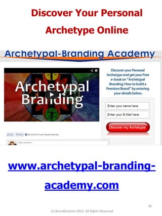 Discover Your Personal
      Archetype Online




www.archetypal-branding-
     academy.com
                                                    36
       (c) BrandOvation 2012. All Rights Reserved
 