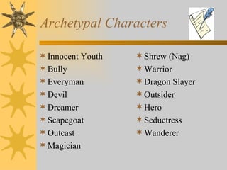 Archetypal Characters Innocent Youth Bully Everyman Devil Dreamer Scapegoat Outcast Magician Shrew (Nag) Warrior Dragon Slayer Outsider Hero  Seductress Wanderer 