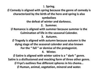 1. Spring.
Ø Comedy is aligned with spring because the genre of comedy is
characterized by the birth of the hero and spring is also
symbolizes
the defeat of winter and darkness.
2. Summer.
Ø Romance is aligned with summer because summer is the
Culmination of life in the seasonal Calender.
3. Autumn.
Ø Tragedy is aligned with autumn because autumn is the
dying stage of the seasonal calender and also known
For the “ fall ” or demise of the protagonist.
4. Winter.
Ø Satire is aligned with winter satire is a “ dark ” genre.
Satire is a disillusioned and mocking form of three other genre.
Ø Frye’s outlines five different spheres in his chema…
Ø Human, animal, vegetation, mineral and water.
 