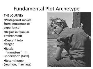 Fundamental Plot Archetype
THE JOURNEY
•Protagonist moves
from innocence to
experience
•Begins in familiar
environment
•Descent into
danger
•Battle
“monsters” in
underworld (task)
•Return home
(reunion, marriage)
 