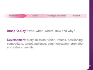 Brand “X-Ray”: who, when, where, how and why?
Development: story, mission, vision, values, positioning,
competitors, target audience; communication, promotion
and sales channels
Research Goals Archetype definition Report
 