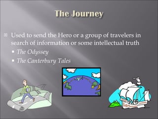 Used to send the Hero or a group of travelers in search of information or some intellectual truth The Odyssey The Canterbury Tales 