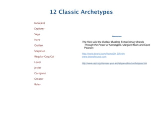 12 Classic Archetypes
Innocent

Explorer

Sage
                                                   Resources
Hero
                      The Hero and the Outlaw: Building Extraordinary Brands
Outlaw                  Through the Power of Archetypes, Margaret Mark and Carol
                        Pearson
Magician
                      http://www.brand.com/frame20_02.htm
Regular Guy/Gal       www.brandhouse.com

Lover                 http://www.capt.org/discover-your-archetypes/about-archetypes.htm

Jester

Caregiver

Creator

Ruler
 