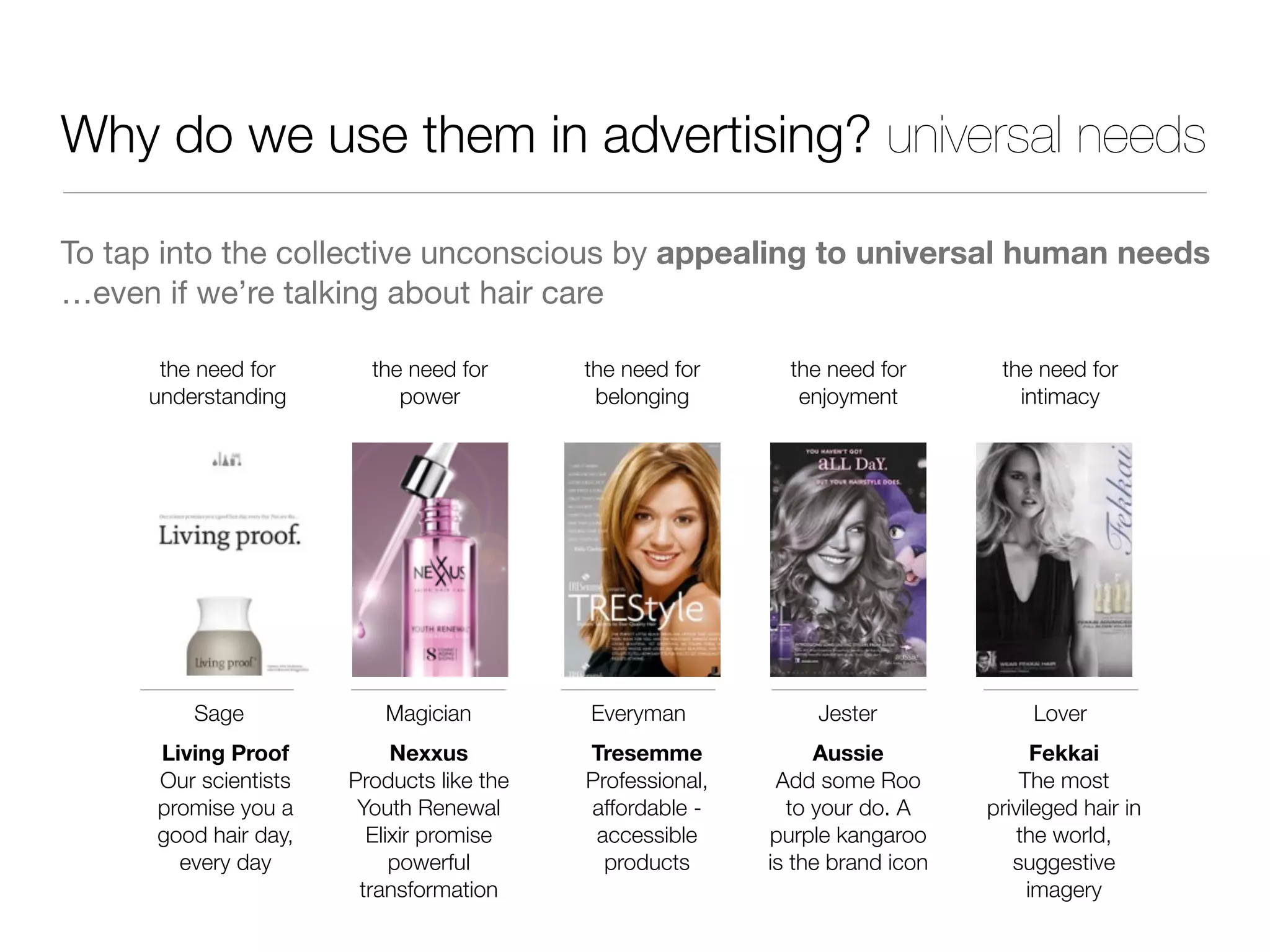 Why do we use them in advertising? universal needs
To tap into the collective unconscious by appealing to universal human needs
…even if we’re talking about hair care
the need for
understanding
the need for
power
the need for
belonging
the need for
enjoyment
Sage Magician Everyman Jester
the need for
intimacy
Lover
Living Proof
Our scientists
promise you a
good hair day,
every day
Nexxus
Products like the
Youth Renewal
Elixir promise
powerful
transformation
Tresemme
Professional,
affordable -
accessible
products
Aussie
Add some Roo
to your do. A
purple kangaroo
is the brand icon
Fekkai
The most
privileged hair in
the world,
suggestive
imagery
 