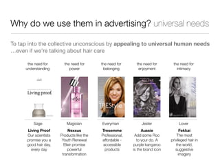 Why do we use them in advertising? universal needs
To tap into the collective unconscious by appealing to universal human ...