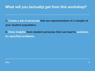 Intro	3
What will you (actually) get from this workshop?
1. Create a set of personas that are representative of a sample o...