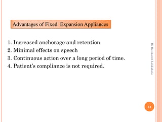 14
1. Increased anchorage and retention.
2. Minimal effects on speech
3. Continuous action over a long period of time.
4. Patient’s compliance is not required.
Advantages of Fixed Expansion Appliances
DrRavikanthLakkakula
 