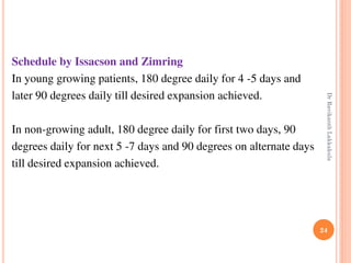 24
Schedule by Issacson and Zimring
In young growing patients, 180 degree daily for 4 -5 days and
later 90 degrees daily till desired expansion achieved.
In non-growing adult, 180 degree daily for first two days, 90
degrees daily for next 5 -7 days and 90 degrees on alternate days
till desired expansion achieved.
DrRavikanthLakkakula
 